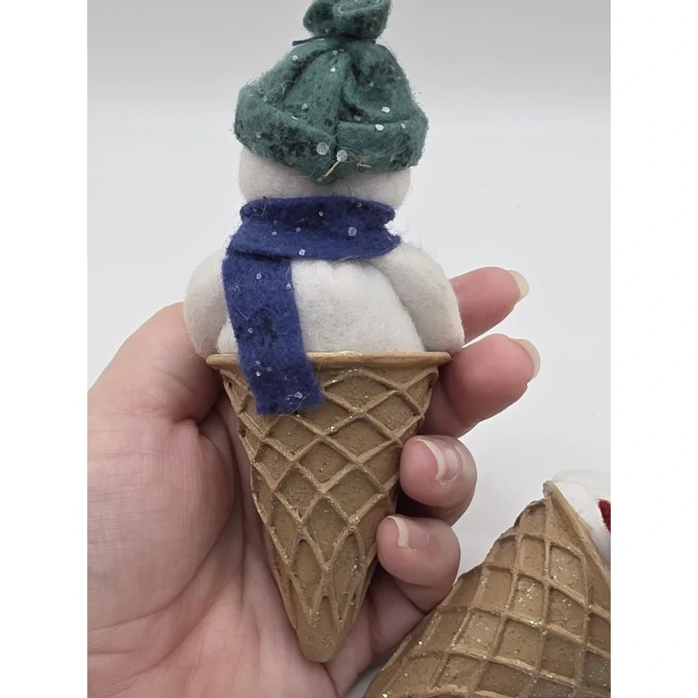 Vntg Plush Snowman In Hard Ice Cream Cone Christmas Tree Ornaments